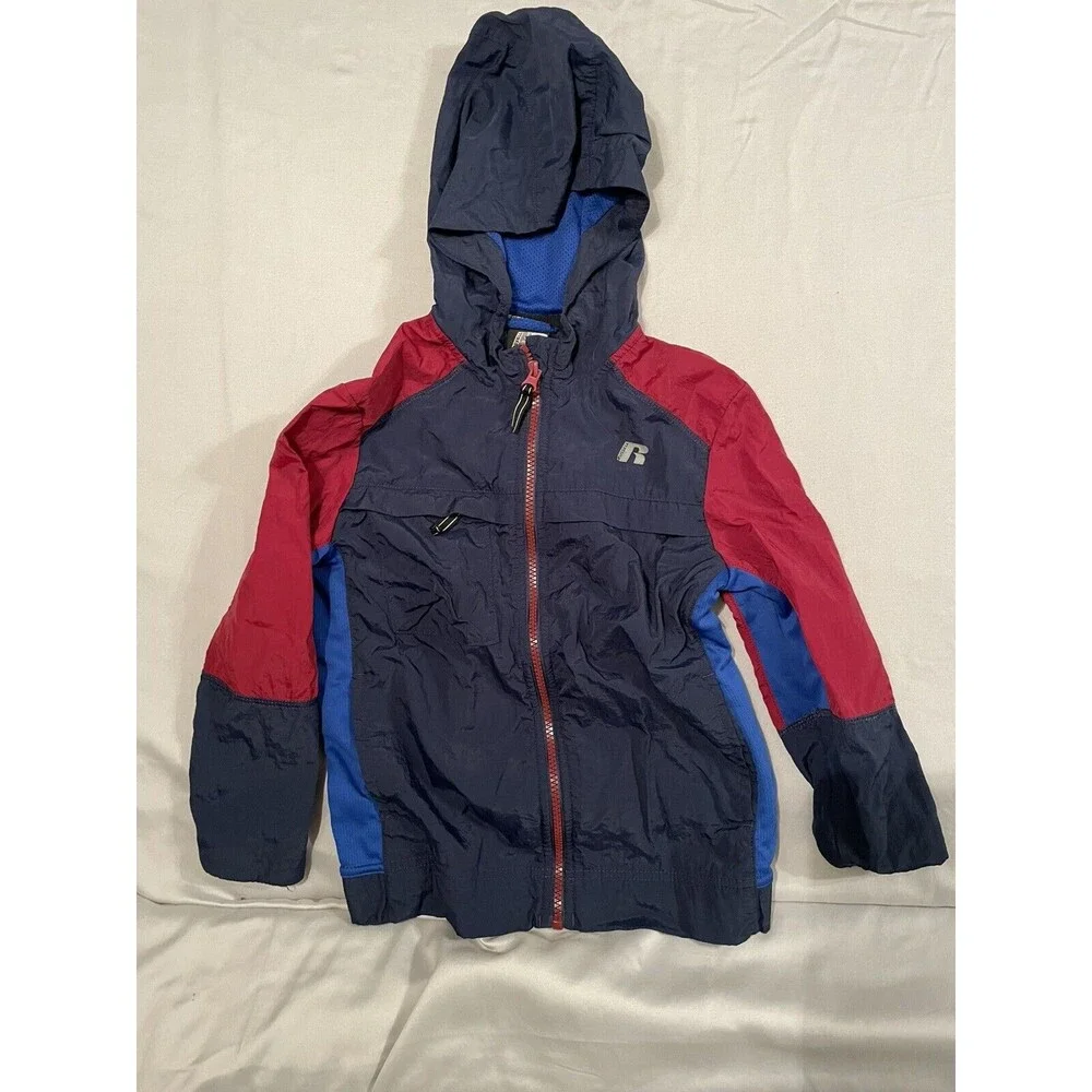 Russell Lined Windbreaker Jacket Boys Small 6/7 Navy Red Full Zip Good